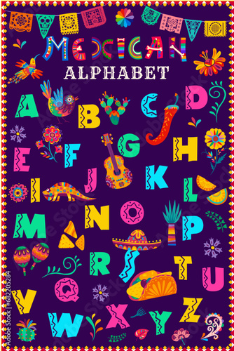 Mexican font  hispanic type  ethnic typeface  cartoon english alphabet. Vector abc letters set. Mexico and latin america typeface  calligraphy font in alebrije style  with bright colors and patterns