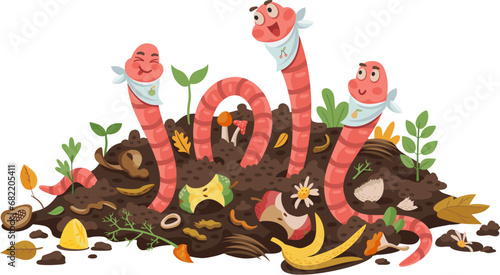 Cartoon funny earth worm characters eating compost or bio organic wastes, vector background. Vermicomposting poster with earthworms in soil humus eat compostable organic garbage or bio food scraps