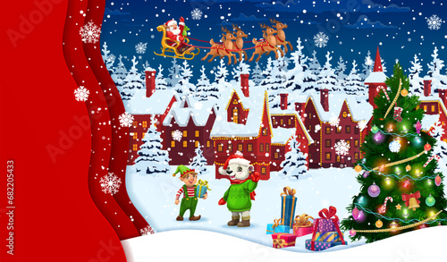 Winter Christmas paper cut town landscape with holiday pine tree, presents and characters. Christmas background, winter holiday vector papercut greeting card with Santa Claus, elf, animals personages