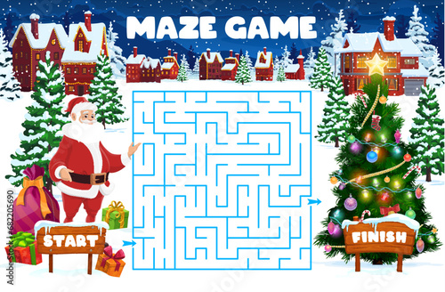 Christmas labyrinth maze, kids vector board game worksheet help Santa Claus deliver gifts to holiday pine tree. Boardgame with tangled path, start and finish, cartoon educational children riddle, test