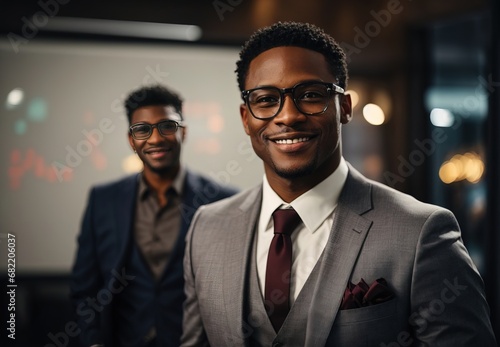 Smart bussinesmen wearing glasses and suit, leader, blurred office on the background