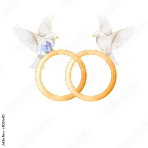 two wedding rings watercolor isolated illustration