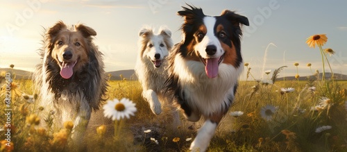 In the midst of nature, a beautiful collie dog frolics outdoors with other dogs, their playful energy mirrored by a lively puppy, creating a serene and joyful scene.