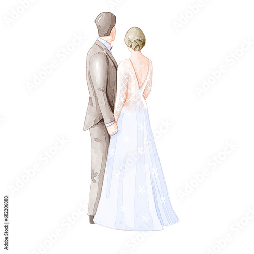 bride and groom in wedding dress watercolor illustration