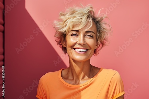 Beautiful and gorgeous smiling, happy and pleasant woman with positive vibes. Human person dressed in fashionable, colorful and fun clothes. Generative AI, AI