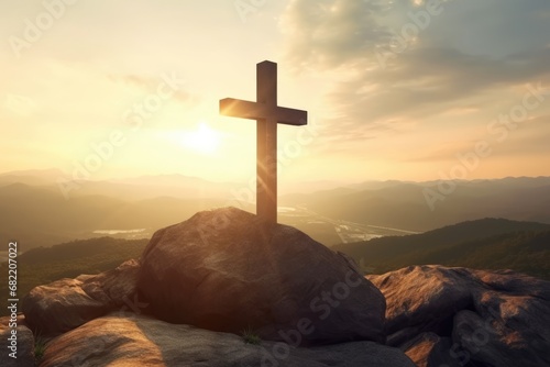 Christian cross on hill. Happy easter. Christian symbol of faith. Crucifix symbol on mountain against sunrise, sunset sky background. Death and resurrection of Jesus Christ