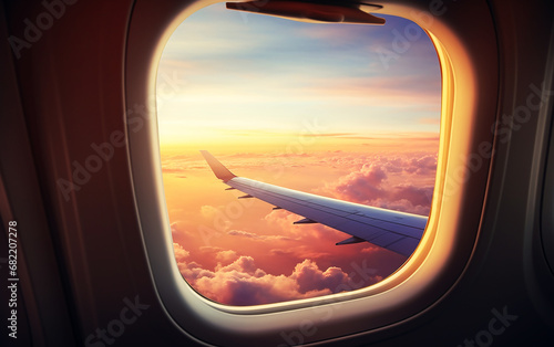 Airplane window view. top sky, cloud below, sun rise