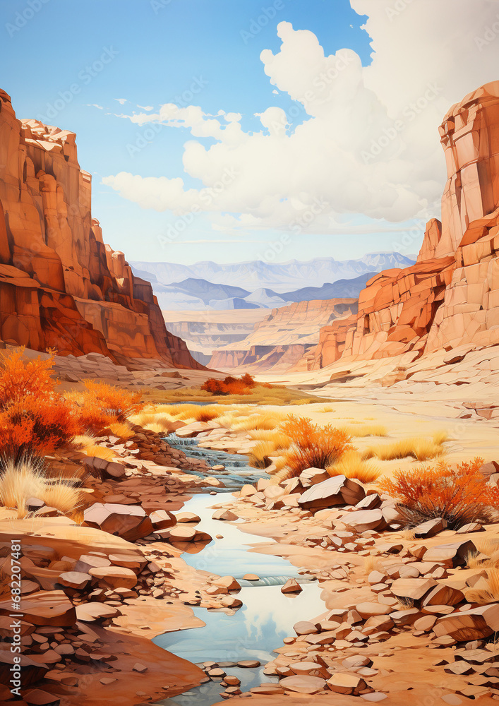Illustrations of Canyon Scenery and Serene Streams: Captivating Nature's Beauty