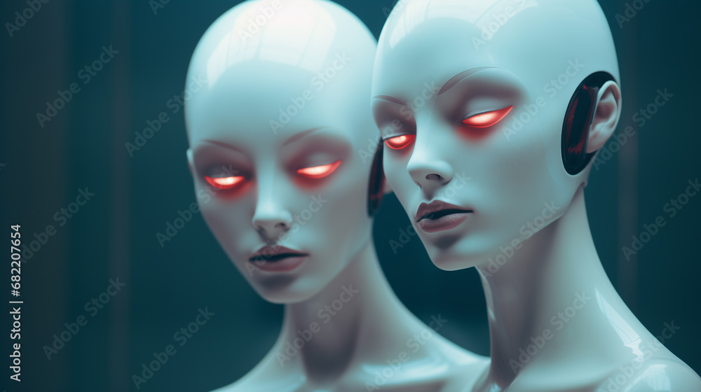 Newly augmented synthetic biomechatronic android robotic female twins - ultra futuristic depiction of possible artificial intelligence replacement of humans - science fiction replicants. Newly augmented synthetic biomechatronic android robotic female twins - ultra futuristic depiction of possible artificial intelligence replacement of humans - science fiction replicants.