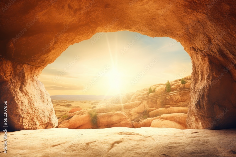 Easter Sunday concept: Jesus Christ is risen from tomb. View from empty cave on Calvary hill to Jerusalem. Christian Easter concept. Church worship, salvation concept - obrazy, fototapety, plakaty 
