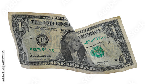 One dollar bill flying isolated on white, clipping