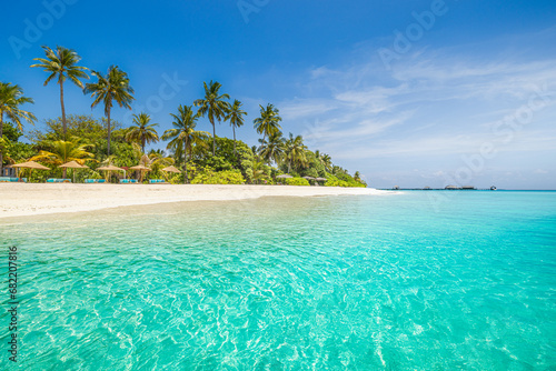 Beautiful tropical beach. Sea waves white sand  palm trees  turquoise ocean against sunny blue sky clouds happy summer day. Perfect landscape background for relaxing vacation  amazing Maldives travel