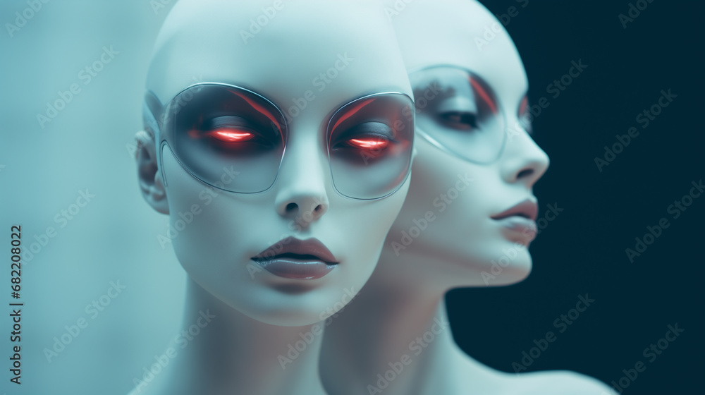Newly augmented synthetic biomechatronic android robotic female twins - ultra futuristic depiction of possible artificial intelligence replacement of humans - science fiction replicants.