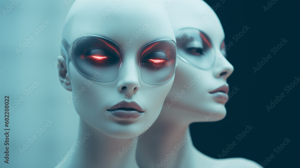 Newly augmented synthetic biomechatronic android robotic female twins - ultra futuristic depiction of possible artificial intelligence replacement of humans - science fiction replicants. Newly augmented synthetic biomechatronic android robotic female twins - ultra futuristic depiction of possible artificial intelligence replacement of humans - science fiction replicants.