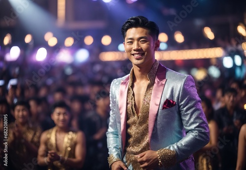 Handsome asian men in concert. wearing dazzling dress, blurred crowd of people on the background photo