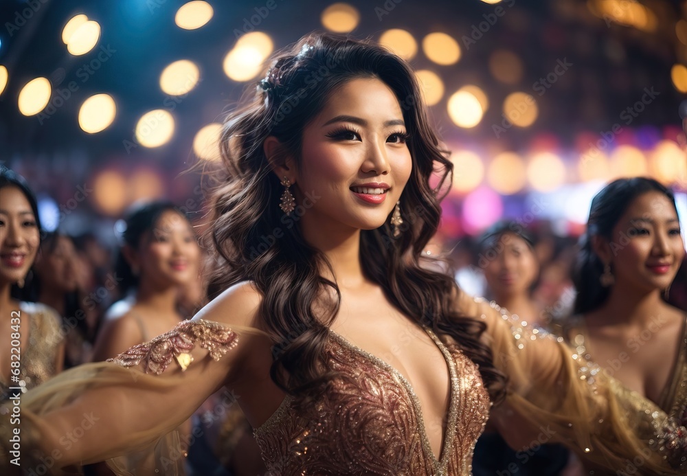 Beautiful asian women in concert. wearing dazzling dress, blurred crowd of people on the background Beautiful asian women in concert. wearing dazzling dress, blurred crowd of people on the background