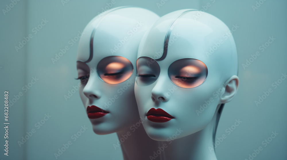 Newly augmented synthetic biomechatronic android robotic female twins - ultra futuristic depiction of possible artificial intelligence replacement of humans - science fiction replicants. Newly augmented synthetic biomechatronic android robotic female twins - ultra futuristic depiction of possible artificial intelligence replacement of humans - science fiction replicants.