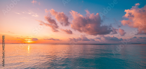 Panoramic sea skyline beach. Amazing sunrise beach landscape. Panorama tropical beach reflection horizon. Abstract colorful sunset sky light tranquil relax summer seascape freedom wide angle seascape