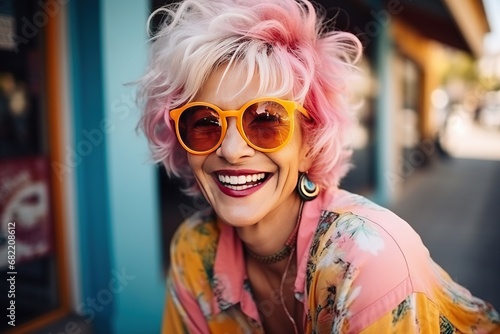 Beautiful and gorgeous smiling, happy and pleasant woman with positive vibes. Human person dressed in fashionable, colorful and fun clothes. Generative AI, AI