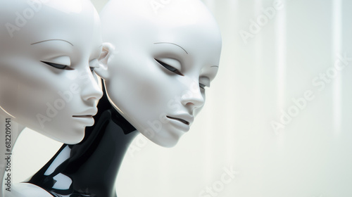 Newly augmented synthetic biomechatronic android robotic female twins - ultra futuristic depiction of possible artificial intelligence replacement of humans - science fiction replicants. photo