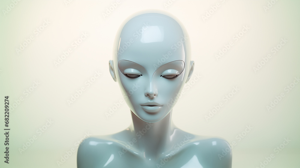 Newly manufactured augmented synthetic biomechatronic android robotic female - ultra futuristic depiction of possible artificial intelligence replacement of humans - idealistic science fiction.