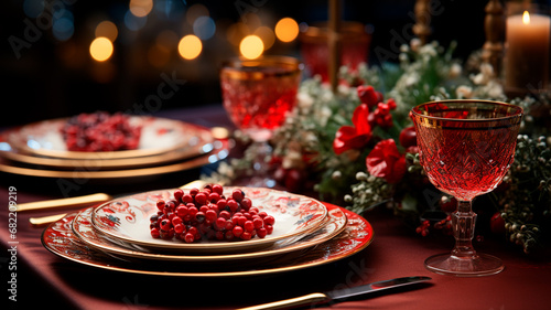 christmas table setting with candles and christmas decorations in the background