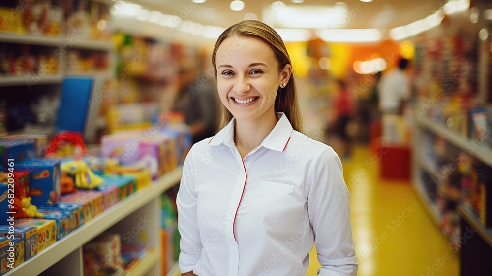 Smiling female saleswoman in a toy store. Consultant in a children toy shop - obrazy, fototapety, plakaty 