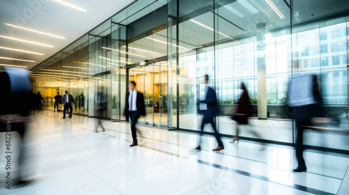 Long exposure shot of crowd of business people walking in bright office lobby fast moving with blurry © Alfonso Soler