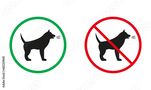 Dog Bark Warning Sign. Angry Pet Silhouette Icons Set. Puppy Noise Allowed, Entry With Aggressive Doggy Prohibited Symbol. Isolated Vector Illustration