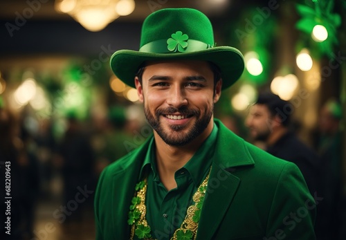Handsome white men celebrate st patric day. wearing clover costume theme, blurred people on the background