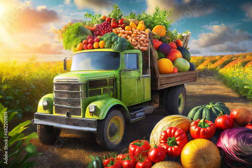 A truck loaded with healthy fruits and vegetables in a harvest field.