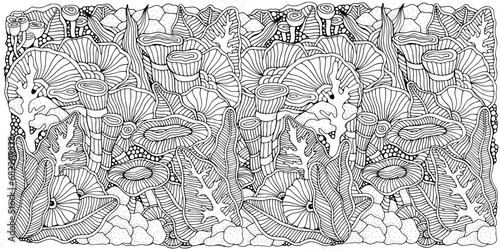 Stressrelief, horizontal ethnic abstract background. Hand-drawn, floral, retro, doodle, vector, zentangle design element. Adult coloring book page. 