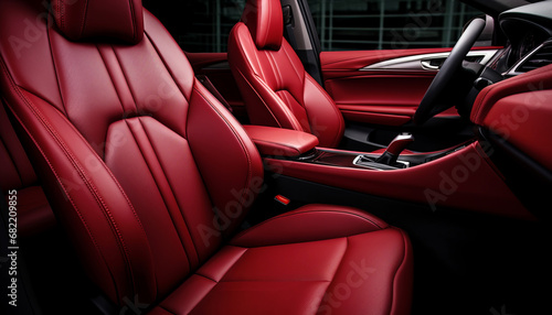 Interior of a modern luxury car in dark red tonesar photo