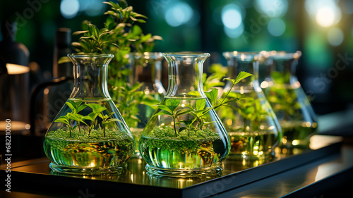 fresh organic green leaves of basil in glass bottle.