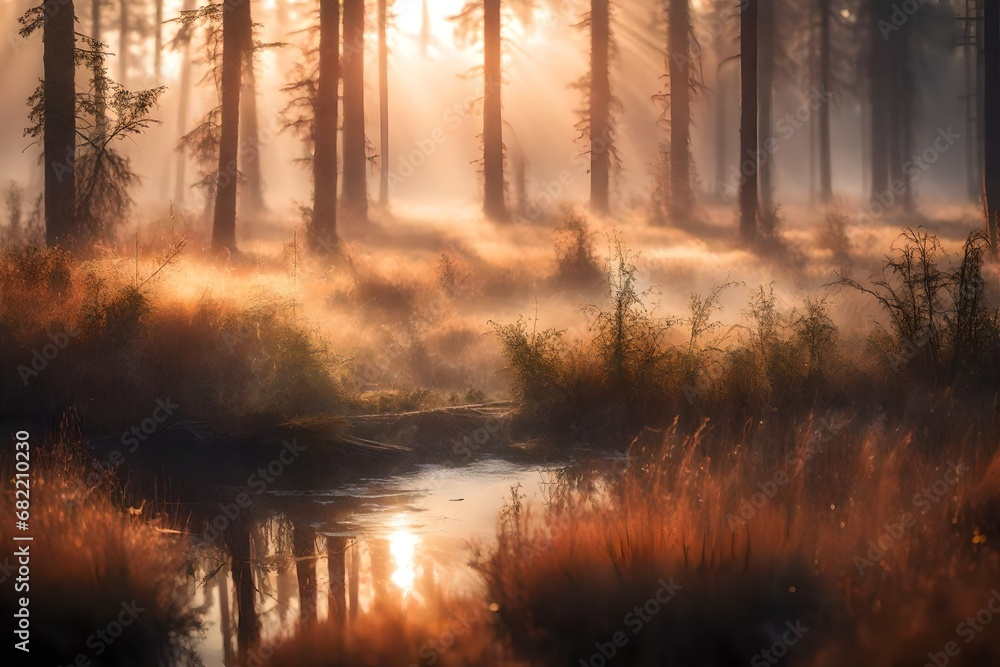 Misty morning on the bog in Russia
