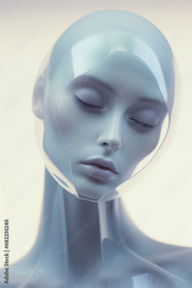 Newly manufactured augmented biomechatronic cyborg  female in stasis - ultra futuristic depiction of possible artificial intelligence humans - idealistic science fiction. 