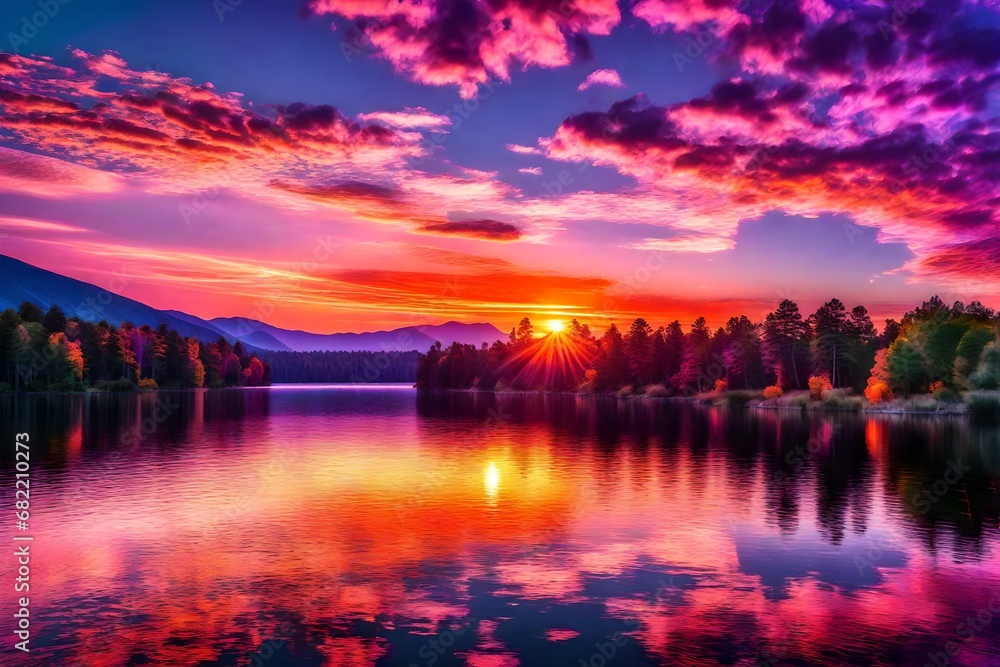 A vibrant sunset over a serene lake, with the sky painted in hues of orange, pink, and purple. The colorful reflections shimmer on the calm water, creating a mesmerizing, almost surreal, scene