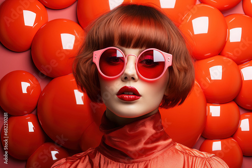 Fashion Forward: A Stylish Woman Rocking Red Sunglasses and Posing Against a Vibrant Red Background. A fashion model wearing a red dress with red sunglasses on a red background