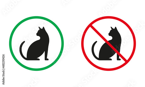 Entry with Cat Sign. Kitten Sitting Silhouette Icons Set. Pet Allowed, Animal Prohibited Symbols. Walk with Pussycat Rule. Isolated Vector Illustration photo