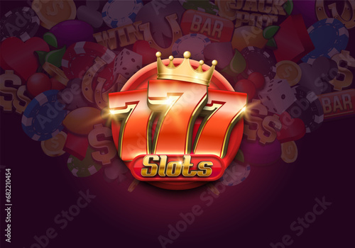 Lucky sevens with golden crown. Vector illustration.
