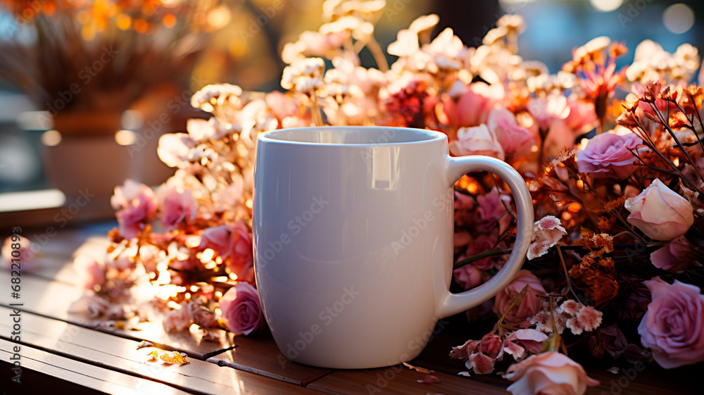 pink tea cup with flowers - obrazy, fototapety, plakaty 