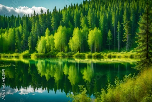 A breathtaking panoramic view of a beautiful forest lake in the heart of Russia. The lush greenery of the forest surrounds the pristine lake, creating a picturesque and serene scene