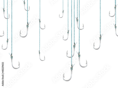Fishhooks on fishing lines seamless border. Watercolor drawing of sharp angling equipment on white background photo