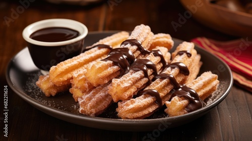 Churros and hot chocolate on the table. Traditional spanish dessert, street food