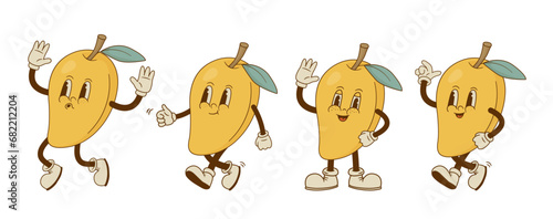 Fototapeta Naklejka Na Ścianę i Meble -  Set of funny retro cartoon mango characters in groovy style. Smiling fruit mascot in different poses and emotion. Vector illustration.