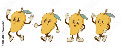 Set of funny retro cartoon mango characters in groovy style. Smiling fruit mascot in different poses and emotion. Vector illustration.
