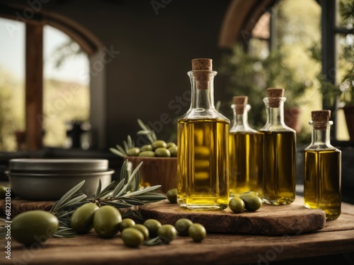 Glass jars filled with olive oil with olives around in a rustic country house in Spain photo