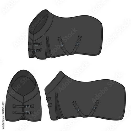 Set of color illustration with black horse blanket, horsecloth. Isolated vector objects on white background.