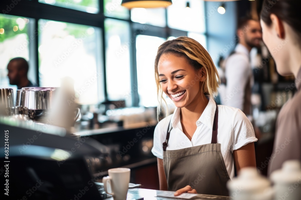 Smiling, young and attractive saleswoman, cashier serving customers. Smiling, young and attractive saleswoman, cashier serving customers.