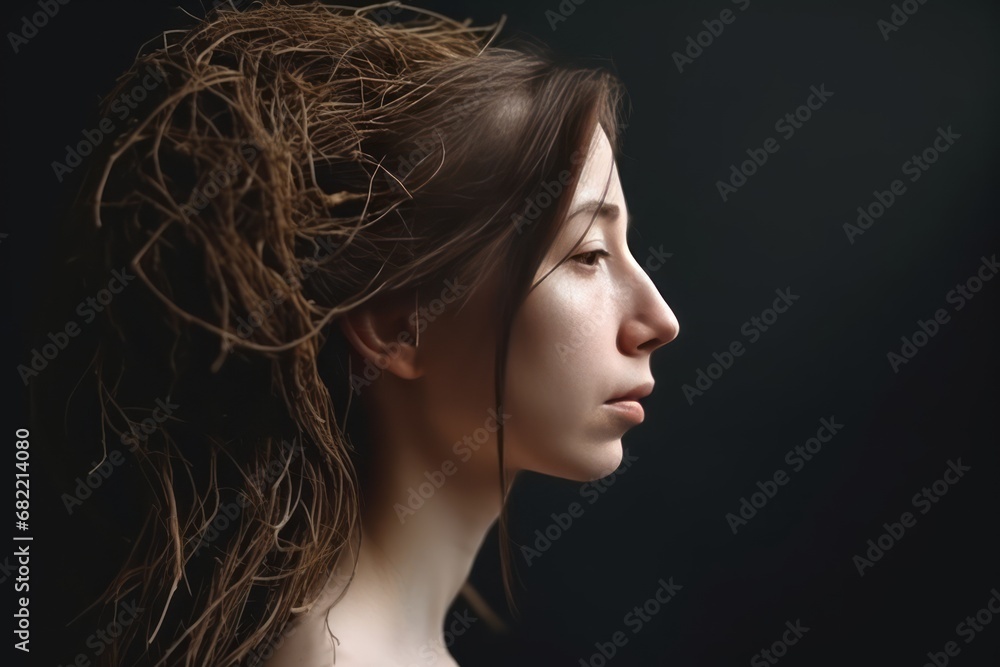 Portrait of Woman with dry hair turned into withered tree branches. Concept of damaged hair, loneliness and depression. Portrait of Woman with dry hair turned into withered tree branches. Concept of damaged hair, loneliness and depression.